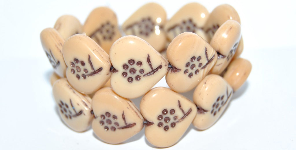 Heart With Simple Flower Pressed Glass Beads, Beige 46410 (13020 46410), Glass, Czech Republic