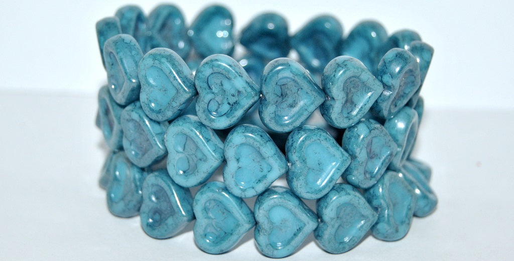 Heart With Heart Pressed Glass Beads, Turquoise Blue Terracotta Blue (63030-15464), Glass, Czech Republic