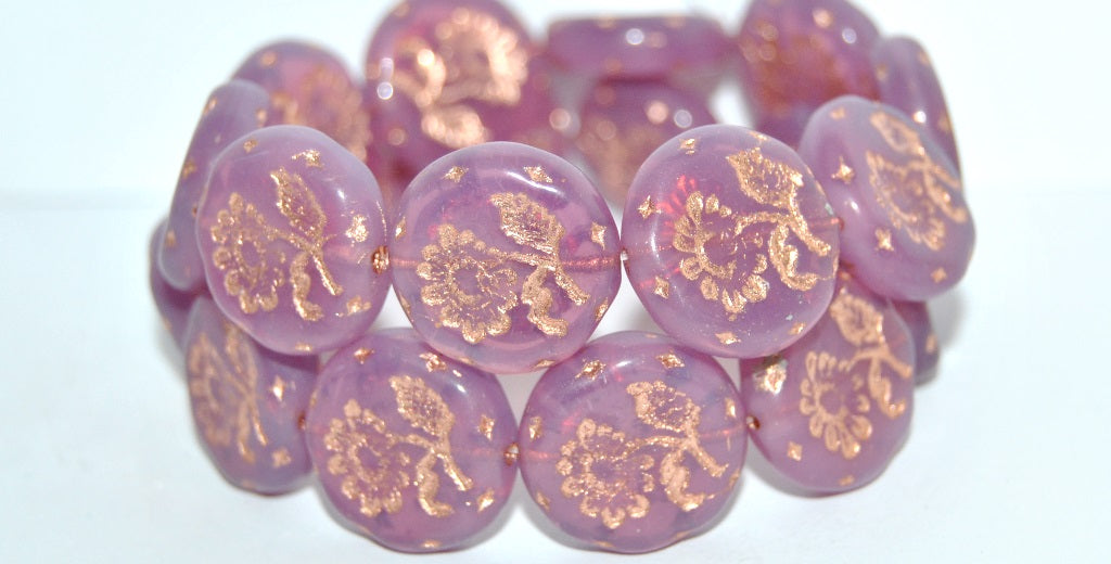 Round Flat With Flower Marguerite Pressed Glass Beads, Opal Pink 54200B (71010-54200B), Glass, Czech Republic