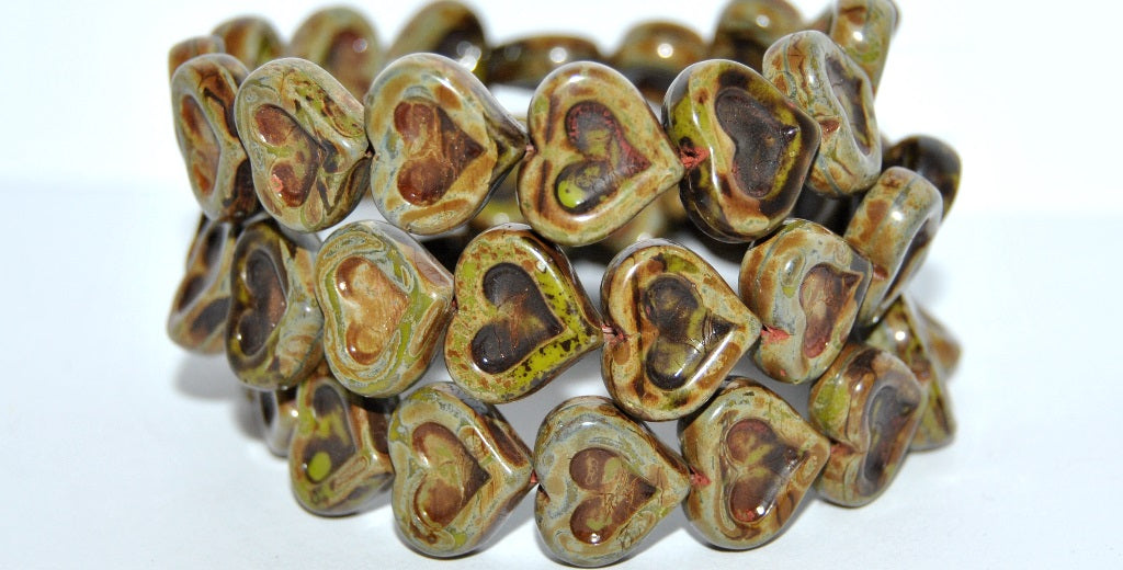 Heart With Heart Pressed Glass Beads, Opaque Green Travertin (53400-86800), Glass, Czech Republic
