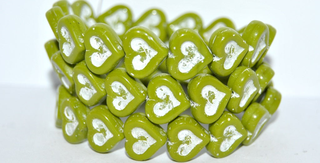 Heart With Heart Pressed Glass Beads, Opaque Green 46401 (53400 46401), Glass, Czech Republic