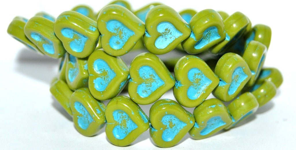 Heart With Heart Pressed Glass Beads, Opaque Green 46460 (53400 46460), Glass, Czech Republic