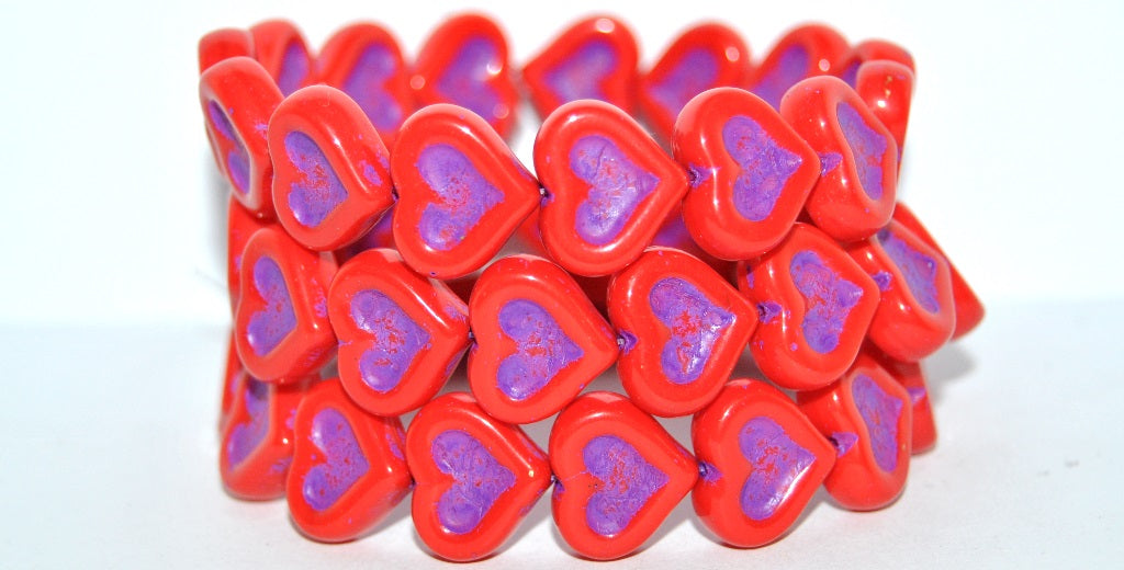 Heart With Heart Pressed Glass Beads, Red 46420 (93190 46420), Glass, Czech Republic