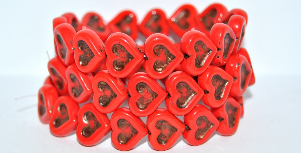 Heart With Heart Pressed Glass Beads, Red 46415 (93190 46415), Glass, Czech Republic