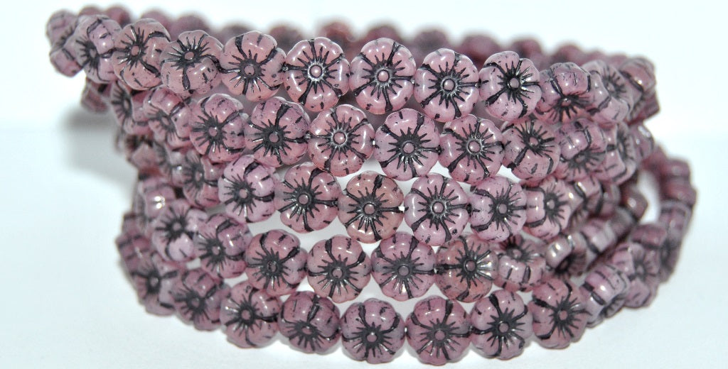 Hawaii Flower Pressed Glass Beads, Opal Pink 46769 (71010 46769), Glass, Czech Republic