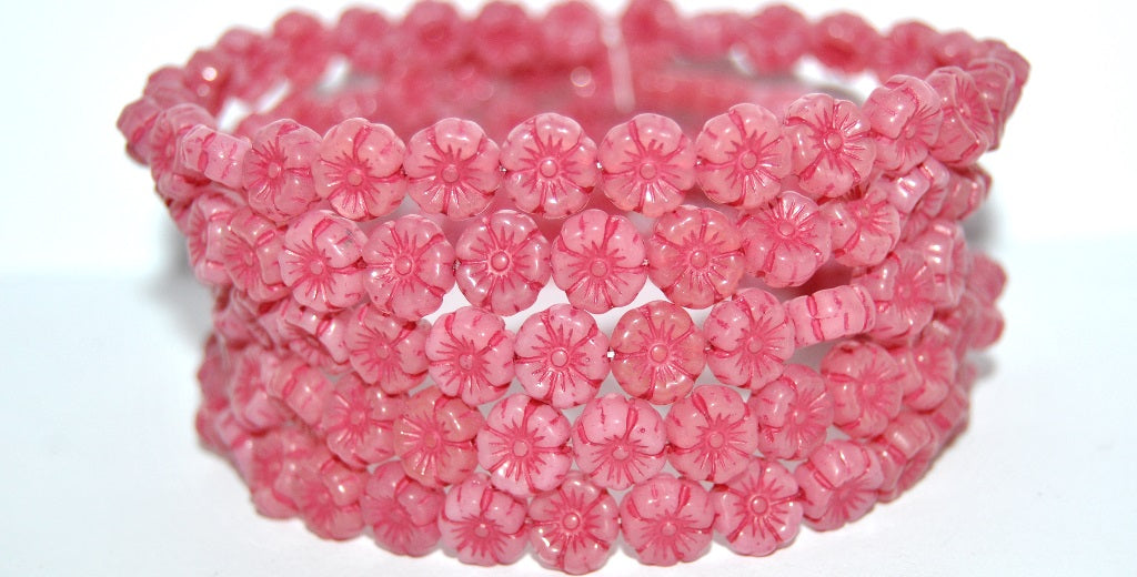 Hawaii Flower Pressed Glass Beads, Opal Pink 46490 (71010 46490), Glass, Czech Republic