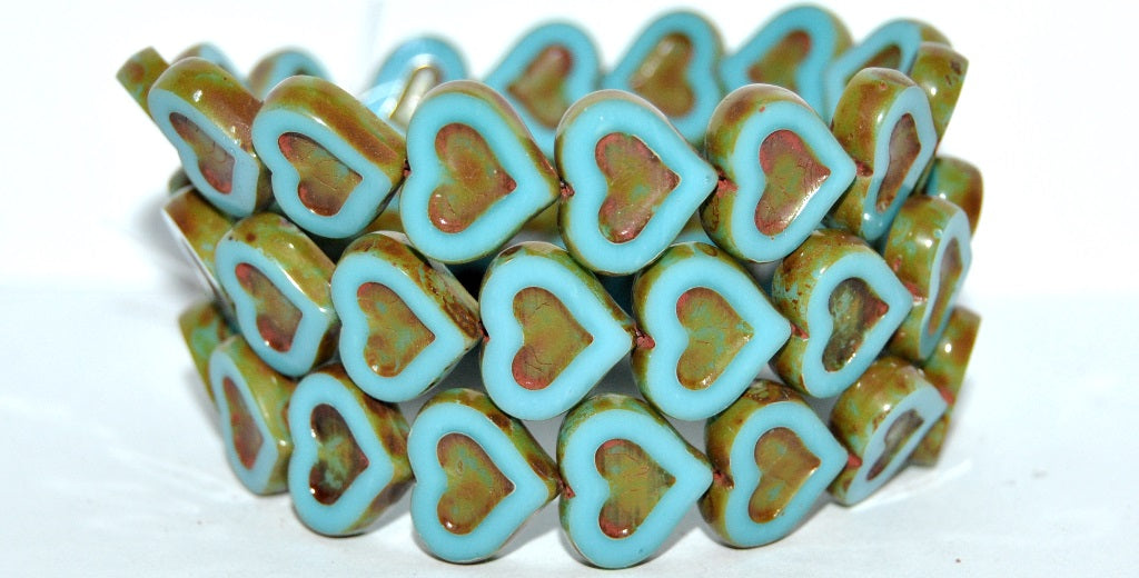 Table Cut Heart Beads With Heart, Turquoise Blue Travertin (63030 86800), Glass, Czech Republic