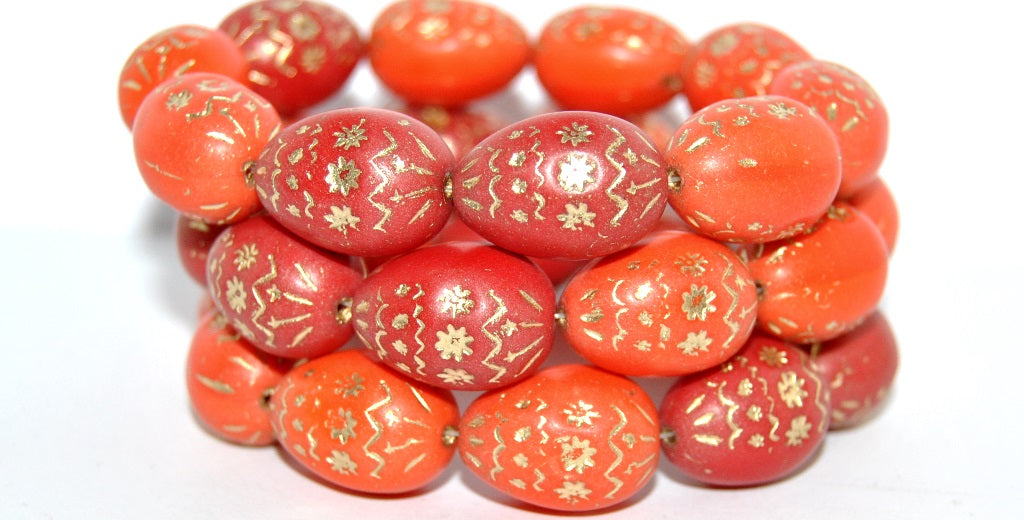 Oval Egg With Decor Pressed Glass Beads, Red Mixed Colors 54202 (Red Mix 54202), Glass, Czech Republic