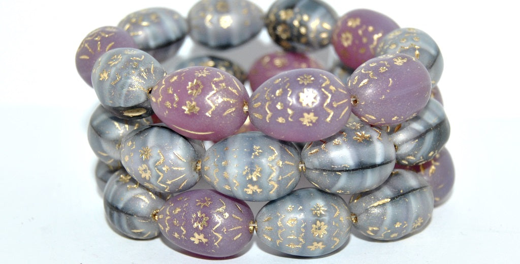 Oval Egg With Decor Pressed Glass Beads, Mixed Colors 54202 (Mix 54202), Glass, Czech Republic
