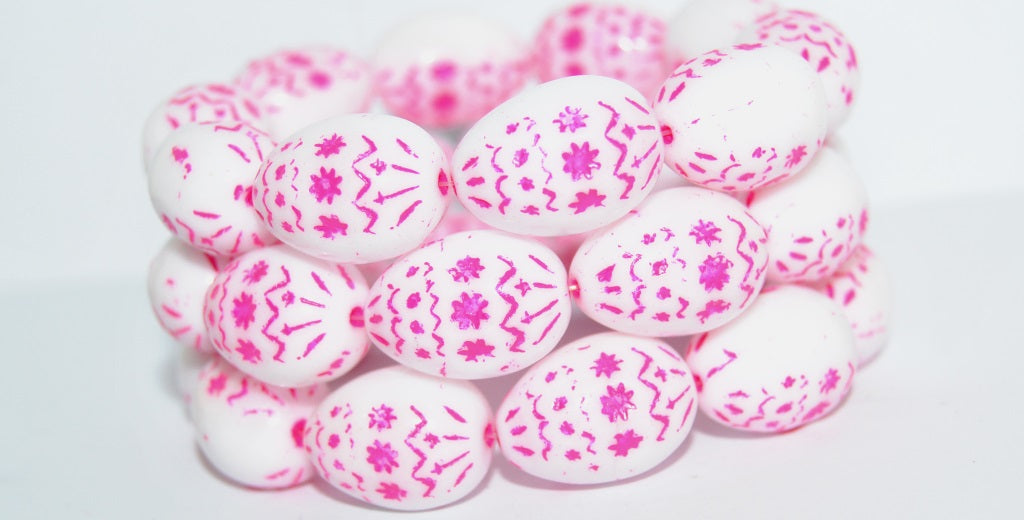 Oval Egg With Decor Pressed Glass Beads, Chalk White 46470 (3000 46470), Glass, Czech Republic