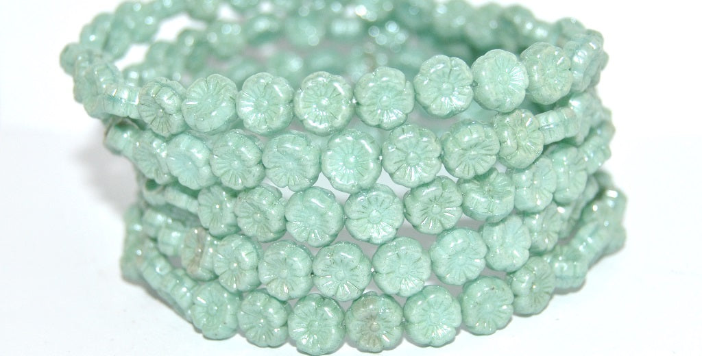 Hawaii Flower Pressed Glass Beads, Turquise Luster Green Full Coated (64000 14457), Glass, Czech Republic