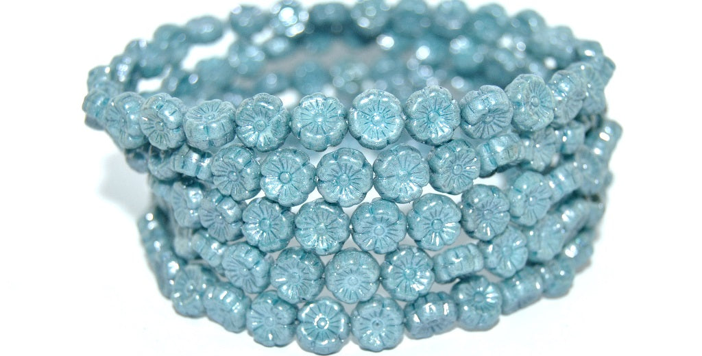 Hawaii Flower Pressed Glass Beads, Turquise Luster Blue Full Coated (64000 14464), Glass, Czech Republic