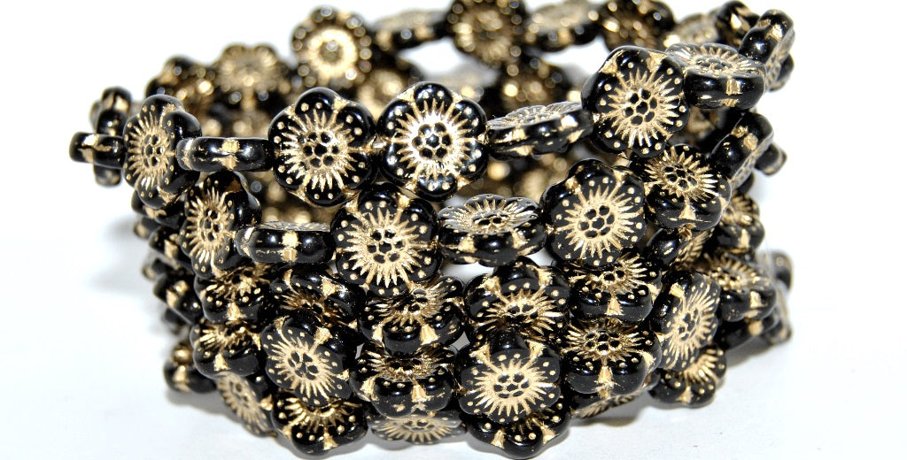Flower Pressed Glass Beads, Black 54202 (23980 54202), Glass, Czech Republic