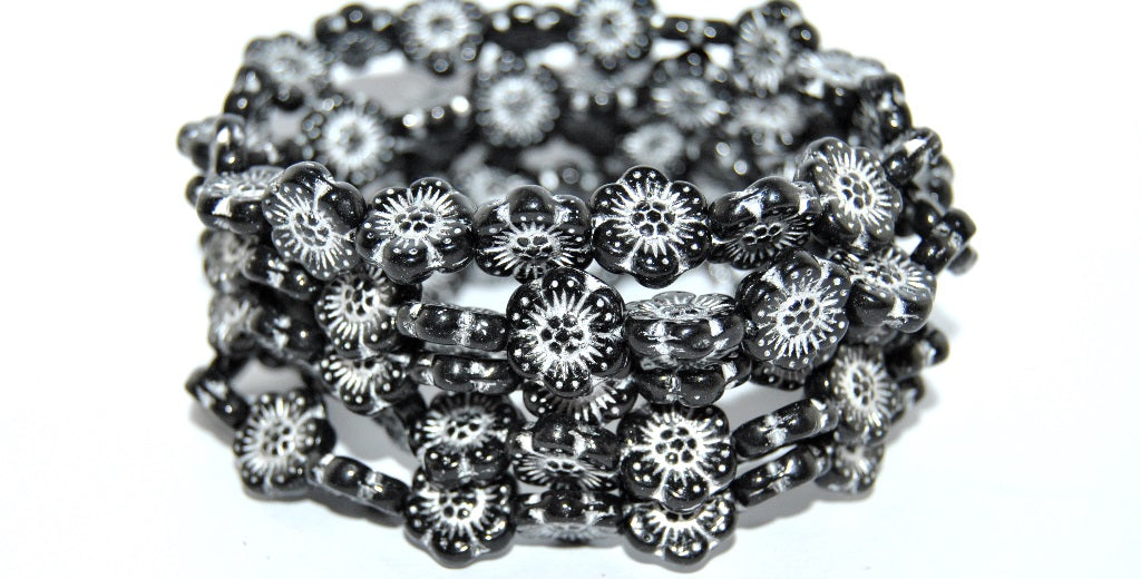 Flower Pressed Glass Beads, Black 54201 (23980 54201), Glass, Czech Republic