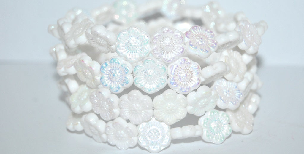 Flower Pressed Glass Beads, White Ab 2Xside (2010 Ab 2Xside), Glass, Czech Republic