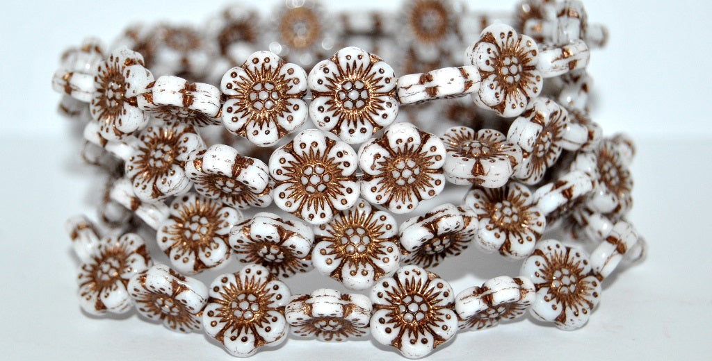 Flower Pressed Glass Beads, White 46415 (02010-46415), Glass, Czech Republic