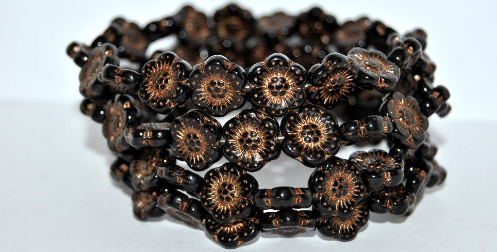 Flower Pressed Glass Beads, Black 43804 (23980 43804), Glass, Czech Republic