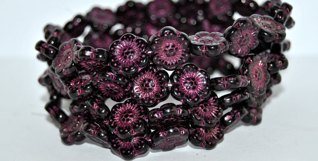 Flower Pressed Glass Beads, Black 43806 (23980 43806), Glass, Czech Republic