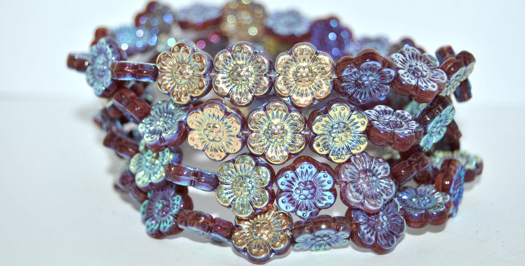 Flower Pressed Glass Beads, Transparent Red Ab 2Xside (90110 Ab 2Xside), Glass, Czech Republic