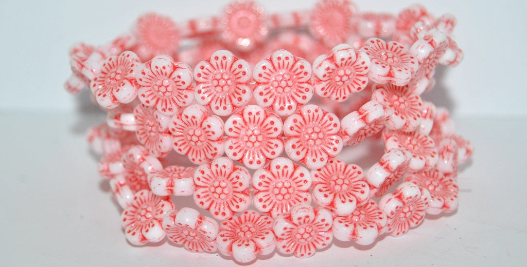 Flower Pressed Glass Beads, White 43808 (2010 43808), Glass, Czech Republic
