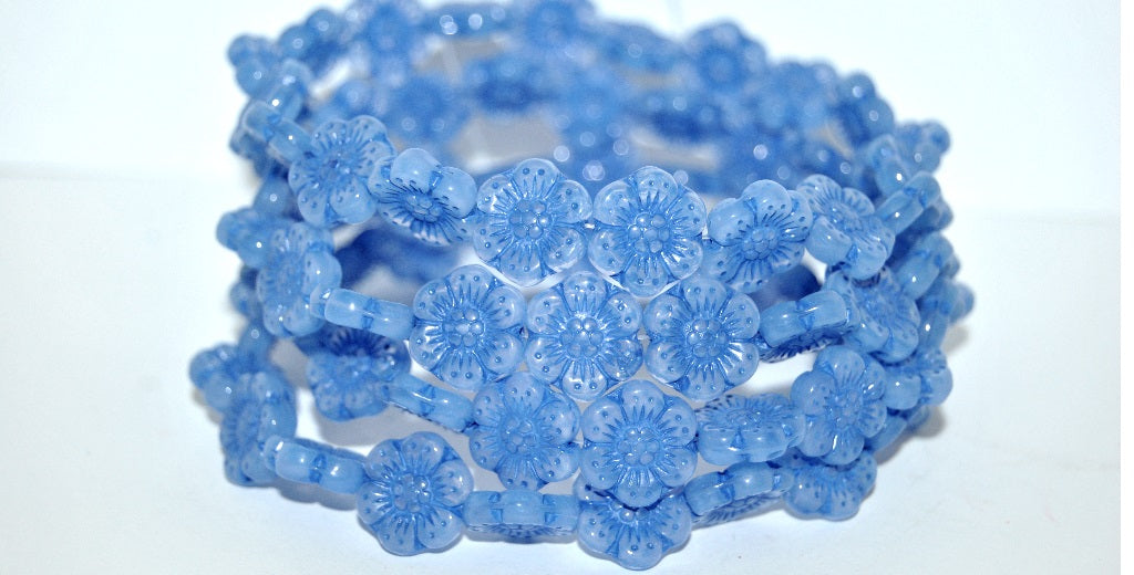 Flower Pressed Glass Beads, Opal Blue 46430 (31000 46430), Glass, Czech Republic