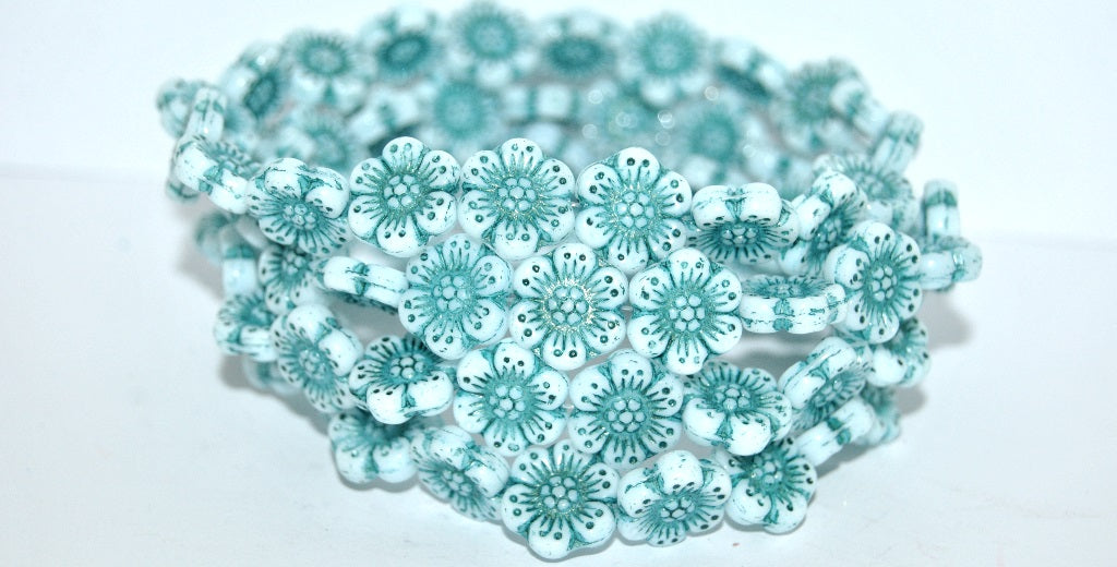 Flower Pressed Glass Beads, White 43811 (2010 43811), Glass, Czech Republic