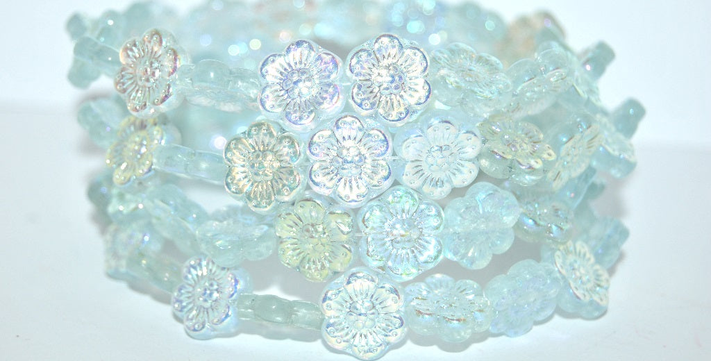 Flower Pressed Glass Beads, Transparent Aqua Ab 2Xside (60210 Ab 2Xside), Glass, Czech Republic