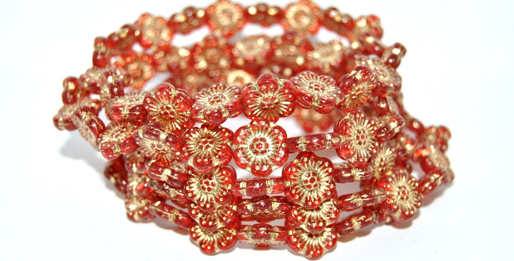 Flower Pressed Glass Beads, Light Siam 54202 (90070 54202), Glass, Czech Republic