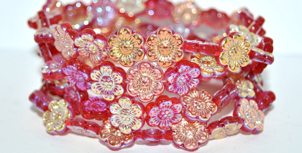 Flower Pressed Glass Beads, Light Siam Ab 2Xside (90070 Ab 2Xside), Glass, Czech Republic