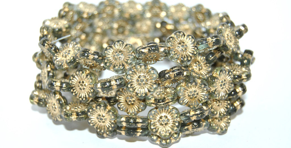 Flower Pressed Glass Beads, Transparent Green 54202 (50240 54202), Glass, Czech Republic