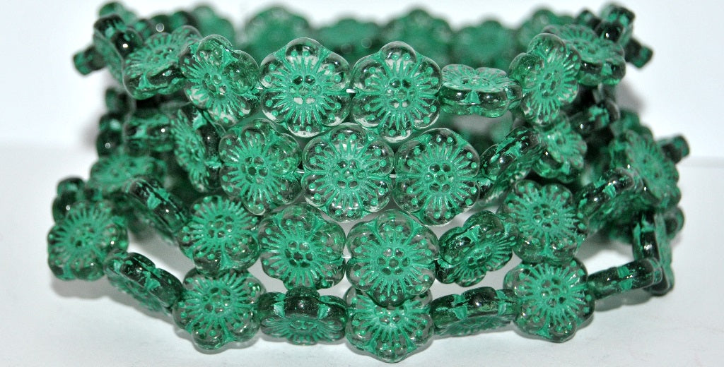 Flower Pressed Glass Beads, Transparent Aqua 46450 (60210 46450), Glass, Czech Republic