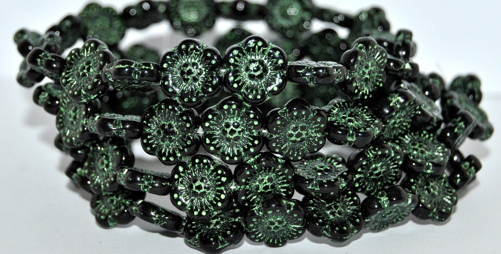 Flower Pressed Glass Beads, Black 43813 (23980 43813), Glass, Czech Republic