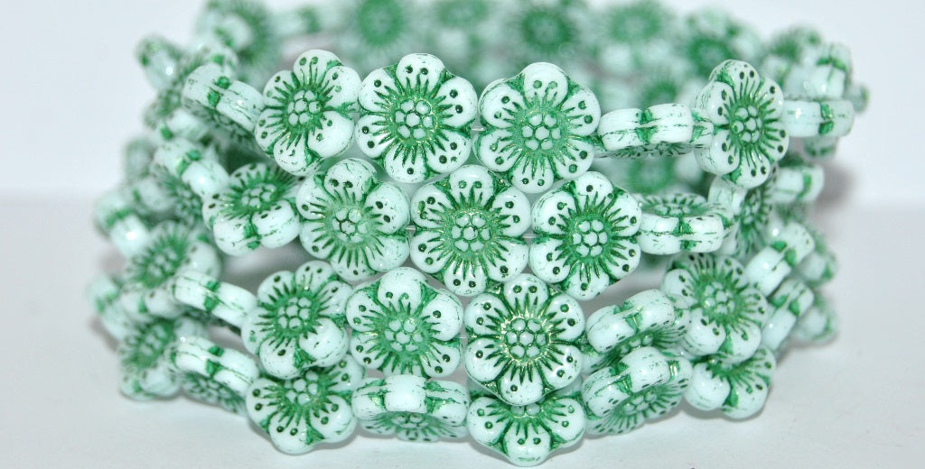Flower Pressed Glass Beads, White 43814 (2010 43814), Glass, Czech Republic