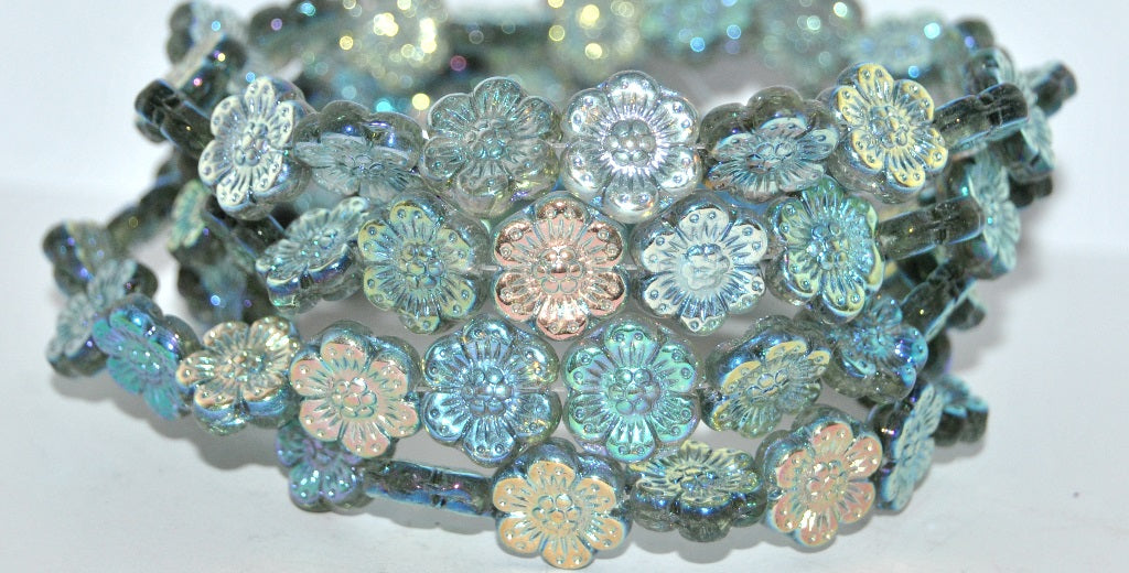 Flower Pressed Glass Beads, Transparent Green Ab 2Xside (50240 Ab 2Xside), Glass, Czech Republic