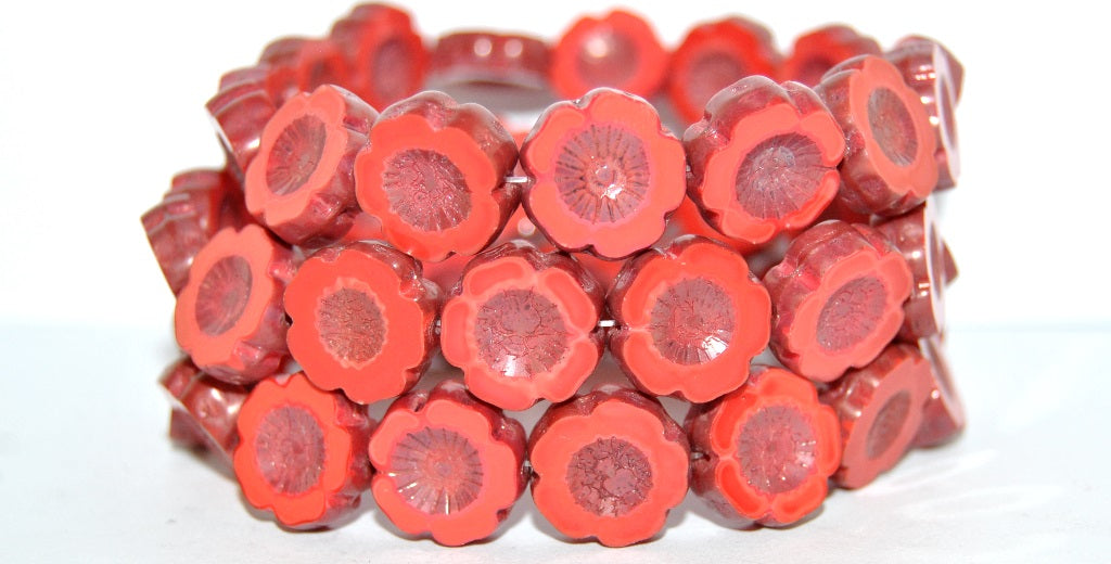 Table Cut Round Beads Hawaii Flowers, Red Luster Lila (93400 14494), Glass, Czech Republic