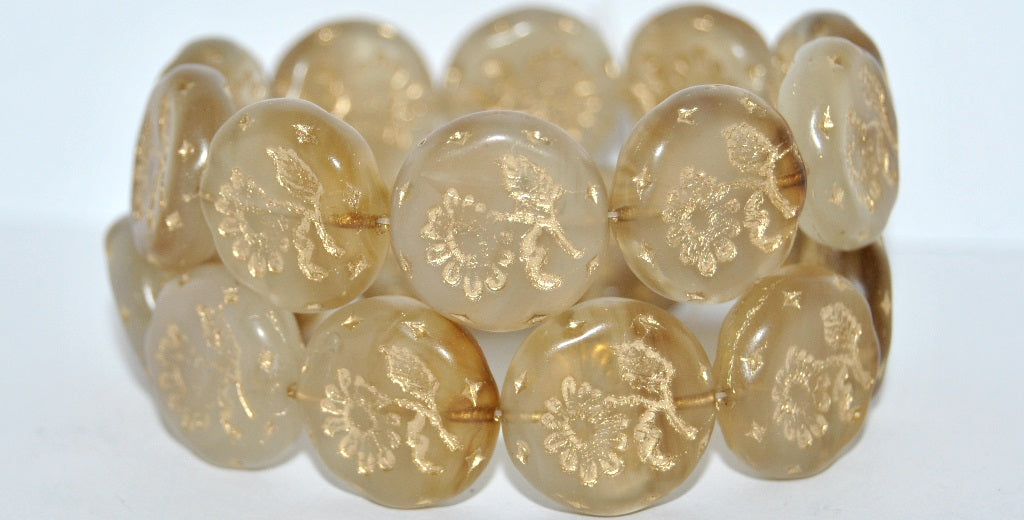 Round Flat With Flower Marguerite Pressed Glass Beads, Mixed Colors Opal Gold Lined (MIX-OPAL-54202), Glass, Czech Republic