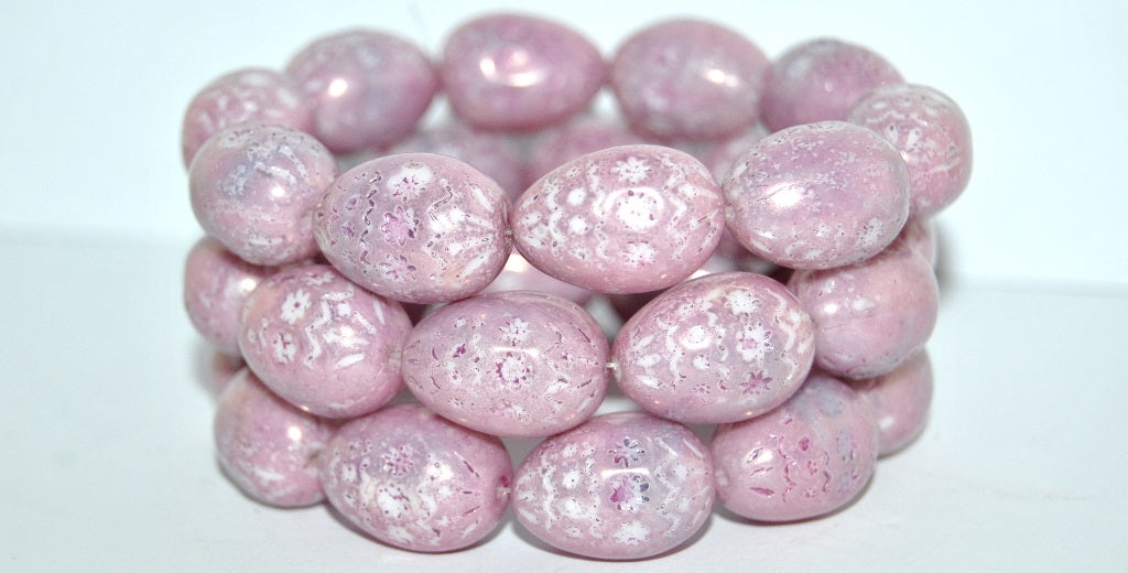 Oval Egg With Decor Pressed Glass Beads, Luster Red Full Coated (14495), Glass, Czech Republic