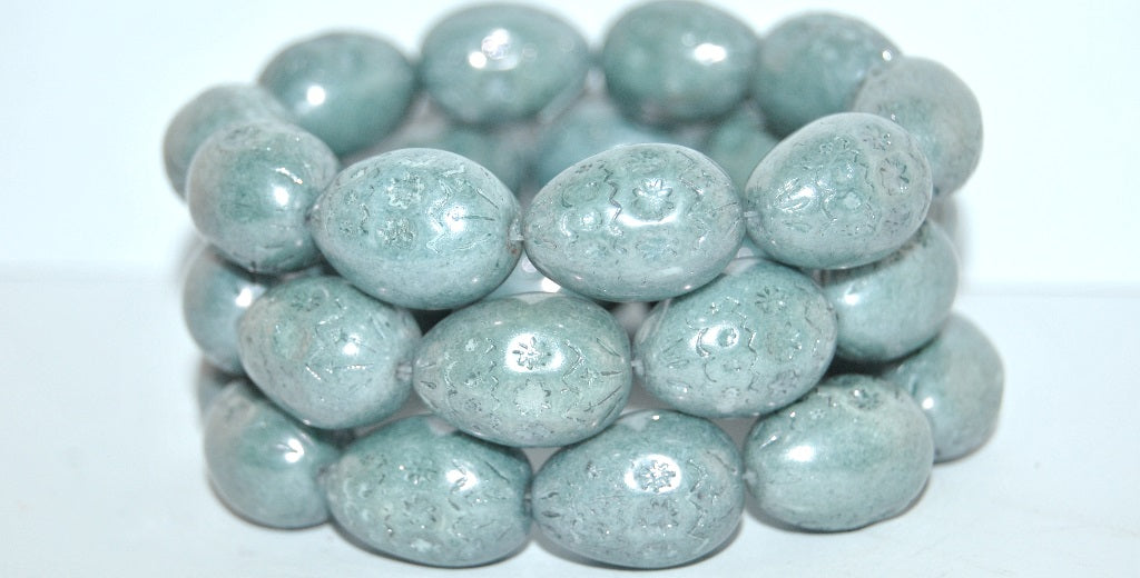 Oval Egg With Decor Pressed Glass Beads, Luster Blue Full Coated (14464), Glass, Czech Republic