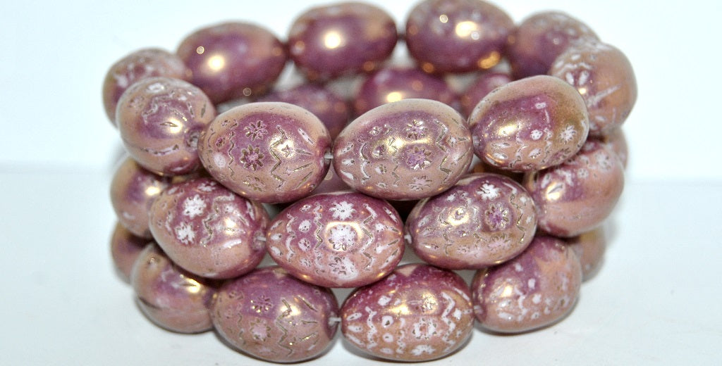 Oval Egg With Decor Pressed Glass Beads, Luster Ruby (14497), Glass, Czech Republic