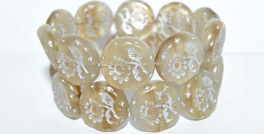 Round Flat With Flower Marguerite Pressed Glass Beads, Mixed Colors Opal 54201 (Mix Opal 54201), Glass, Czech Republic