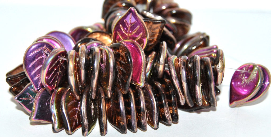 Leaf Pressed Glass Beads, Transparent Brown Vitex (10220 Vitex), Glass, Czech Republic