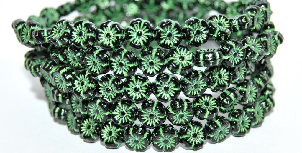 Hawaii Flower Pressed Glass Beads, Black 43813 Metalic (23980-43813-METALIC), Glass, Czech Republic