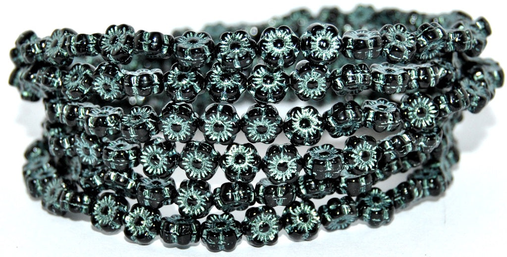 Hawaii Flower Pressed Glass Beads, Black 43801 Metalic (23980-43801-METALIC), Glass, Czech Republic