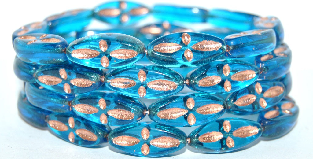Boat Oval Pressed Glass Beads With Decor, Transparent Aqua 54200 (60040 54200), Glass, Czech Republic