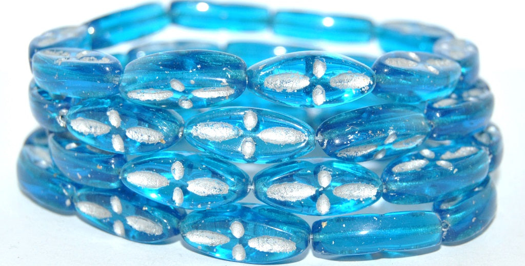 Boat Oval Pressed Glass Beads With Decor, Transparent Aqua 54201 (60040 54201), Glass, Czech Republic