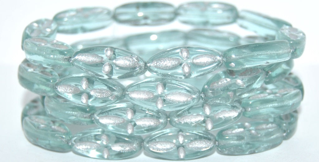 Boat Oval Pressed Glass Beads With Decor, Transparent Blue 54201 (30020 54201), Glass, Czech Republic