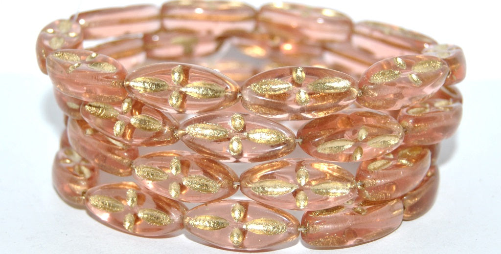 Boat Oval Pressed Glass Beads With Decor, Transparent Pink 54202 (70110 54202), Glass, Czech Republic