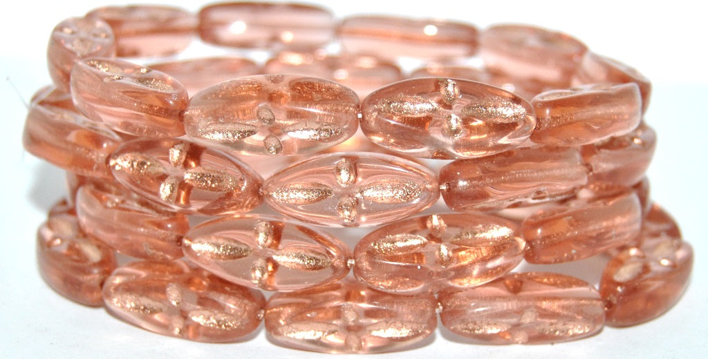 Boat Oval Pressed Glass Beads With Decor, Transparent Pink 54200 (70110 54200), Glass, Czech Republic