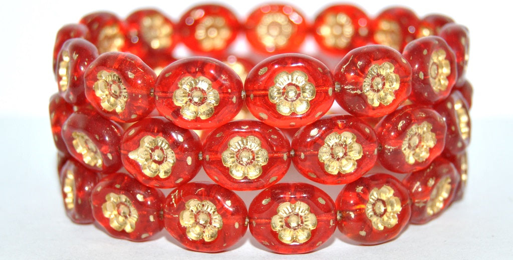 Oval Pressed Glass Beads With Flowers, Transparent Red 54202 (90060 54202), Glass, Czech Republic