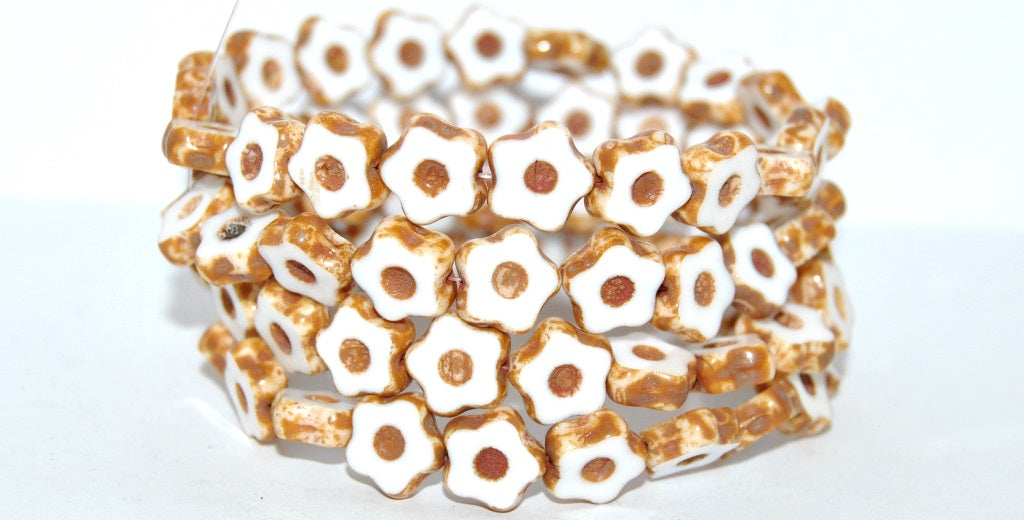 Table Cut Flower Beads With Dot, Chalk White Travertin (3000 86800), Glass, Czech Republic